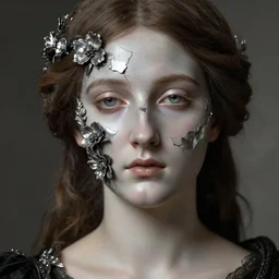 hyperrealism close - up mythological portrait of an exquisite medieval woman's shattered face partially made of silver flowers in style of classicism, wearing black dress, dull palette