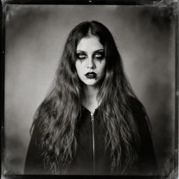 eery evil ghost girl with long hair, horrorific, old tintype photo,