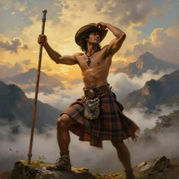 an ethereal dramatic homoerotic painting of a handsome!! shirtless desi mountaineer | he is wearing a plaid kilt and cowboy hat, and holding a wooden pole | triumphant pose | background is mountains and clouds | dramatic lighting, golden hour, realistic, highly detailed | by clyde aspevig and albert bierstadt, by paul cadmus | trending on artstation