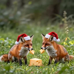 foxes with santa hats eating cheese in a pretty meadow