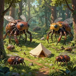 an intricate concept art, illustration, fantasy micro - world of a camp tent in the woods, no people, large mechanical insect biomes, megafauna, ultra photorealistic, ultra sharp, pinterest, artstation, cgsociety, pinterest, digital art, anime colors, style by wlop, hyperrealistic, octane render, 8 k
