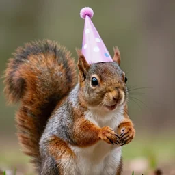 a squirrel with a party hat on its head, hyperdetailed, artstation, cgsociety, 8 k