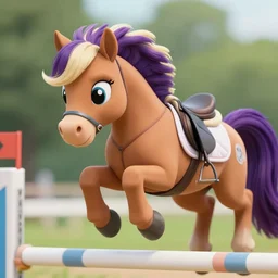 close up ground level shot, a rider on a ( my little pony ) as a horse, the horse jumping a over a hurdle, a horse has a mane and tail like ( my little pony ), digital art, professional, high quality, 4 k, dof, bokeh, action