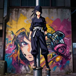 anime girl ninja standing on top of a pole, street art, 8 k, hard lighting, edge detection