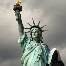 award winning photo of the Statue of Liberty wearing Handmaid's Tale Costume, dramatic, cinematic lighting, 4k