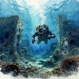 incredible underwater exploration, watercolor, harsh bloom lighting, rim light, abandoned city, paper texture, movie scene, caustics shadows, deserted shinjuku junk town, old pawn shop, bright sun bleached ground, phantom crash, yellow dragon festival, robot monster lurks in the background