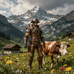 Steampunk switzerland, beautiful, mountains, flowers, cows