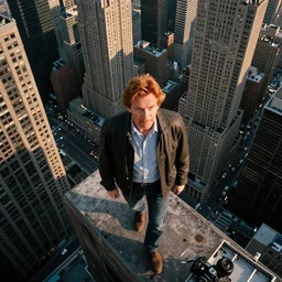larger than skyscrapers ginger middle aged man walks around the city, bird's eye, canon eos r 3, f / 1. 4, iso 2 0 0, 1 / 1 6 0 s, 8 k, raw