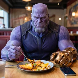 thanos eating on a restaurant, infinity gauntlet, iphone