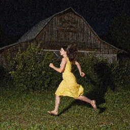 a woman running sideways at night in a yellow dress in the center of the frame, dark hair, Slavic barn, bushes and trees in the background, realistic photo, 4K, 35 mm