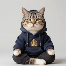 a portrait of a cat wearing a hoodie meditating as buddha