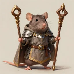 a rat wearing a dnd cleric's outfit, soft portrait, complete with a tabard and suit of armor and intricate wooden staff, magical realism, ray swanland, greg rutkowski, ( rembrandt )