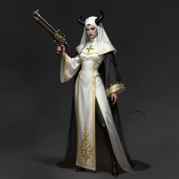 female full body demon nun with black horns holding fantasy gun character concept art, white cleric robe with golden embroidery, nun veil cover with horns on top, demon nun, gunslinger nun, nun with gun, dark fantasy game character design concept, dark background, soft light, magdalena pagowska art, in shoo art, castelvania art, loputyn, srasa