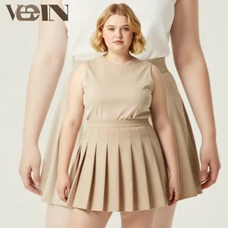 a high resolution photo of a cute, plump, chubby, blond, teenage model with short hair wearing a short, pleated skirt. trendy clothes. teen vogue.