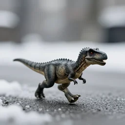 award winning photo by saul leiter of a tiny gray dinosaur running in the street, tiny gaussian blur, insanely detailed, insanely intricate, depth of field, low contrast, snowy, wide aperture, action photography