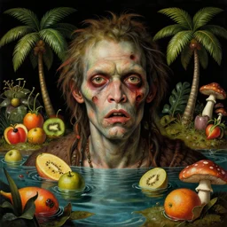 a close - up portrait of a tropical zombie man surrounded by water, colorful fruit, palm trees and mushrooms. surrealism. black background. highly detailed science - fiction fantasy painting by norman rockwell, moebius, frank frazetta, syd mead, and stanislaw fernandes. rich colors, high contrast. renaissance masterpiece. artstation