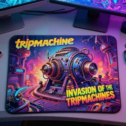photo of a mousepad on a futuristic computer desk, band merchandise, bandname is tripmachine, tourname is invasion of the tripmachines, realistic digital art, mousepad is textured with a 3 d render of a huge futuristic steampunk generator, 8 k, fluorescent colors, halluzinogenic, multicolored, exaggerated detailed, unreal engine
