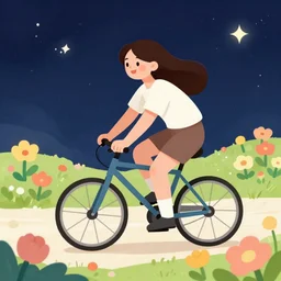 happy cartoon woman cycling through interstellar flower field