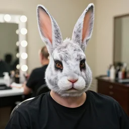 headshot of vladimir putin sitting in a makeup chair wearing highly detailed rabbit makeup in the style of rick baker, studio lighting, soft focus