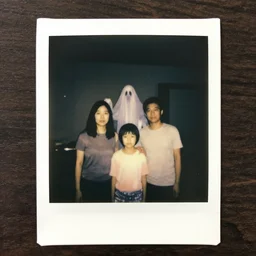 old polaroid of a family, there is a gloomy atmosphere in the ambient, a ghost can be seen in the background