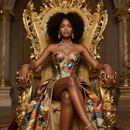 african princess, inspired by yara shahidi with an afro, wearing corset and dress inspired by brom art, inspired by artstation and artgerm, character concept art by larry elmore. posing and sitting on an epic throne