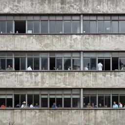 close - up image of the building in the style of brutalism, people in the windows, dirty walls, detailed windows, detailed people, by wens anderson,