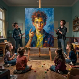 crazy dumbest kids in kindergarten among big masterpiece painting in center of room, cinematic moody colors, realistic shaded lighting poster by ilya kuvshinov, magali villeneuve, artgerm, jeremy lipkin and michael garmash and rob rey