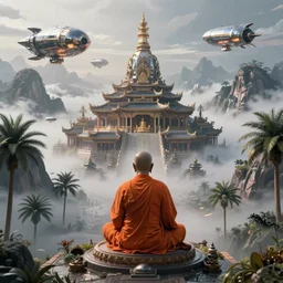 a single sitting cyborg buddhist monk with an orange robe silhouette, a detailed buddhist temple on a misty mountain, sci fi high detailed valley with palm trees, high camera angle, mystic atmosphere, a detailed metallic temple on a misty mountain, shiny metallic airships with reflections, volumetric fog, perspective painting, atmospheric shot, cinematic establishing shot, high detail digital painting, unreal engine, maya