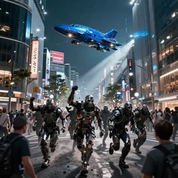 cyber art, mutants rampaging in shinjuku street, blue starship in the background, art by ismail inceoglu