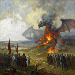 craig mullins epic oil on canvas painting of a middle ages atmospheric landscape, line art!!, ink, art concept for a book cover!!, harmonic colours, thik brushstrokes, soldiers with banners, medieval movie still, game of thrones concept art, dragons, fire, smoke, highly detailed, centered, hyperrealism, romantic, smooth, sharp focus trending on artstation, by greg manchess and by ismail inceoglu and by kilian eng and by jake parker