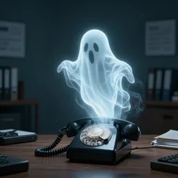 glowing ghost flying out of a telephone dial on a table in a dark office, highly detailed