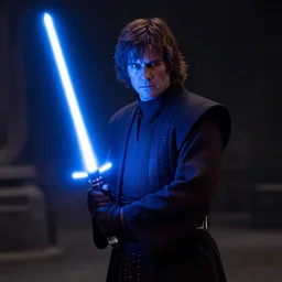 Guy Fier in Star Wars Revenge of the Sith, Jedi Knight, blue light saber, cinematic lighting, cinematic, 55mm lens