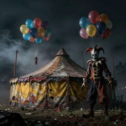 abandoned circus tent at night, colorful baloons, creepy jester, gloomy and foggy atmosphere, octane render, rembrandt, cgsociety, artstation trending, horror scene, highly detailded