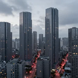 high quality photograph of a city, near future, nice place to live, tall grey blocky skyscrapers, midrise buildings, narrow streets, soft red street lamps, small windows, trains, cloudy day, cozy, concept art, artstation hq, detailed, beautiful, dynamic, simple, night, repeating pattern, photograph, realistic