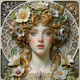beautiful young flower queen detailed realistic porcelain face portrait by jean delville, gustave dore, iris van herpen and alphonse mucha, art forms of nature by ernst haeckel, art nouveau, symbolist, visionary, gothic, neo - gothic, pre - raphaelite, fractal lace, intricate alien botanicals, surreality, hyperdetailed ultrasharp octane render