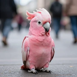 a fluffy pink cockatoo sitting in the middle of a busy street with skyscrapers, low angle camera, cinematic, very detailed, 8 k, depth of field