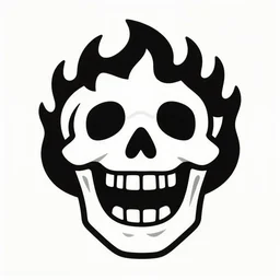 a black and white retro minimalistic laughing wide smile skull with fire flame enamel pin