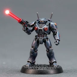 8 0 mm resin detailed miniature of a armored core with red, laser rifle, full body, head, legs, textured base ; product photos, 4 k, view from front