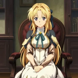 9 0 s portrait of violet evergarden, sitting in a chair in a victorian home, in the style of kyoto animations, anime artstyle, 2 d art, intricate,