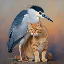 painting of hybrid between black crowned night heron and orange tabby cat, intercrossed animal, mixture animal, by zdzislaw beksinski, by tiffany bozic, by chris buzelli, cold hues, warm tone gradient background, concept art, beautiful composition, digital painting