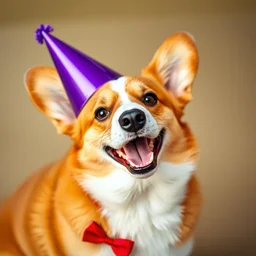 corgi wearing purple party hat and red bowtie