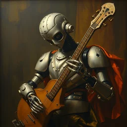 a baroque painting of a robot musician by alphonse mucha