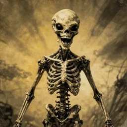 crooked teeth, black eyes, gaping mouth, skeleton like, alien looking, skull like, big forehead, horrifying, killer, creepy, dead, monster, tall, skinny, open mouth, deathly, old photo, turning yellow
