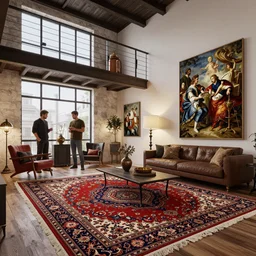 a beautiful loft apartment with persian rugs and antique lamps designed by mark mills and nathaniel owings, interior design, architecture, key lighting, soft lights, by steve hanks, by edgar maxence, by caravaggio, by michael whelan, by delacroix, by serov valentin, by tarkovsky, 8 k render, detailed, oil on canvas