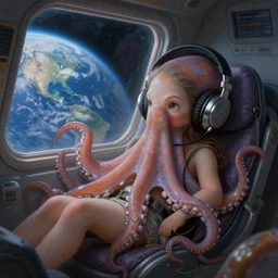 close portrait of a beautiful little octopus girl in her space ship quarters chilling, large window showing planet earth, headphones, diffuse lighting, fantasy, intricate, elegant, highly detailed, lifelike, digital painting, cinestill 8 0 0 t 2 0 0 mm, concept art, frank frazetta, marco bucci, loish, rossdraws, artgerm, alphonse mucha
