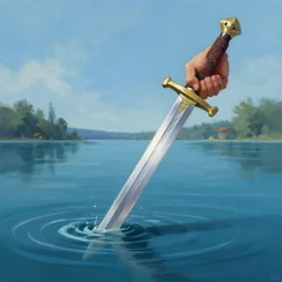 digital painting of a hand holding a sword coming out of a lake by james gurney, craig mullins