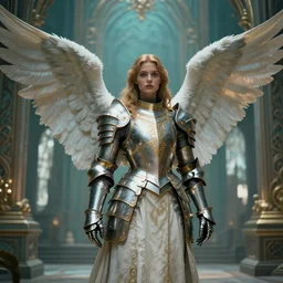 angel, big wings, low key light, full plate armor with cloth, f 2. 8, bokeh, medium portrait, gentle, female, ornate city ruins, landscape, d & d, fantasy, intricate, elegant, highly detailed, teal white gold color palette, roger deakins, sharp focus, greg rutkowski and alphonse mucha