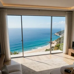 photo in a room with an ocean view, aerial photography, exquisite detail, octane render, 8 k postprocessing, concept art, sharp focus,