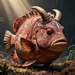 a giant tropical fish, fat, hairy, horns, in the style of aboriginal art