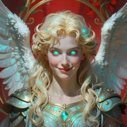 the pale blond angel of battle apollo smirking, sci fi, glowing eyes, volumetric lights, red and cyan theme, art nouveau botanicals, intricate, highly detailed, digital painting, artstation, concept art, smooth, sharp focus, cinematic, illustration, beautiful face, art by artgerm and greg rutkowski and alphonse mucha